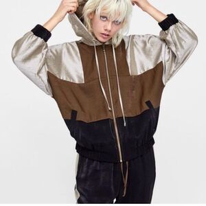 Zara Basic Brown/Cream Women's Full Zip Hooded Windbreaker Jacket M Viscose